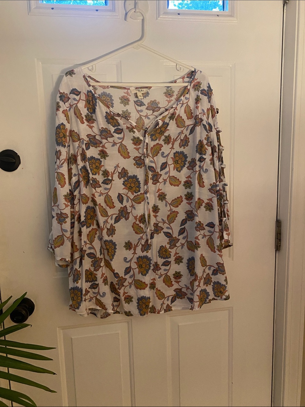 Floral V-Neck Tunic in Cream with Mustard and Blue Accents